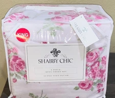 Shabby Chic Rachel Ashwell Pink Roses Floral Super Soft Plush 4pc KING Sheet Set