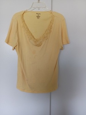 White Stag Womens Plus 1XRG Yellow Solid Knit V-Neck Short Sleeve Lace T-Shirt