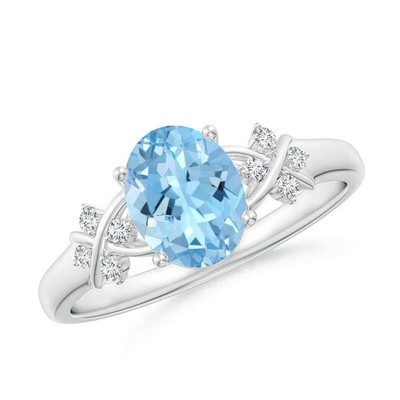 Sterling Silver Oval Aquamarine Stone Solitaire with Accents Ring Jewelry