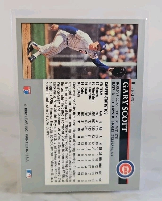 1992 Leaf: Gary Scott #6 - Chicago Cubs - NM Condition - Image 2 of 2