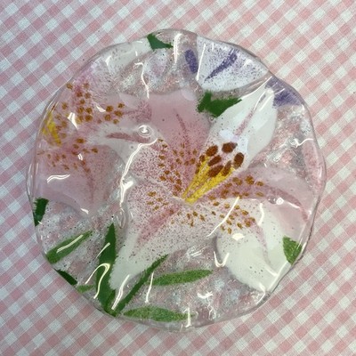Anne C. Ross Fused Art Glass Lily Trinket Dish 4'' Ruffled Edge Signed Vintage