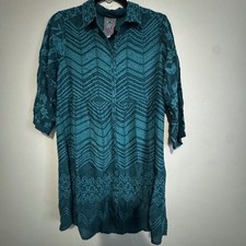 Johnny Was Teal Blue Embroidered Chevron Rayon Shirt Dress Tunic XS