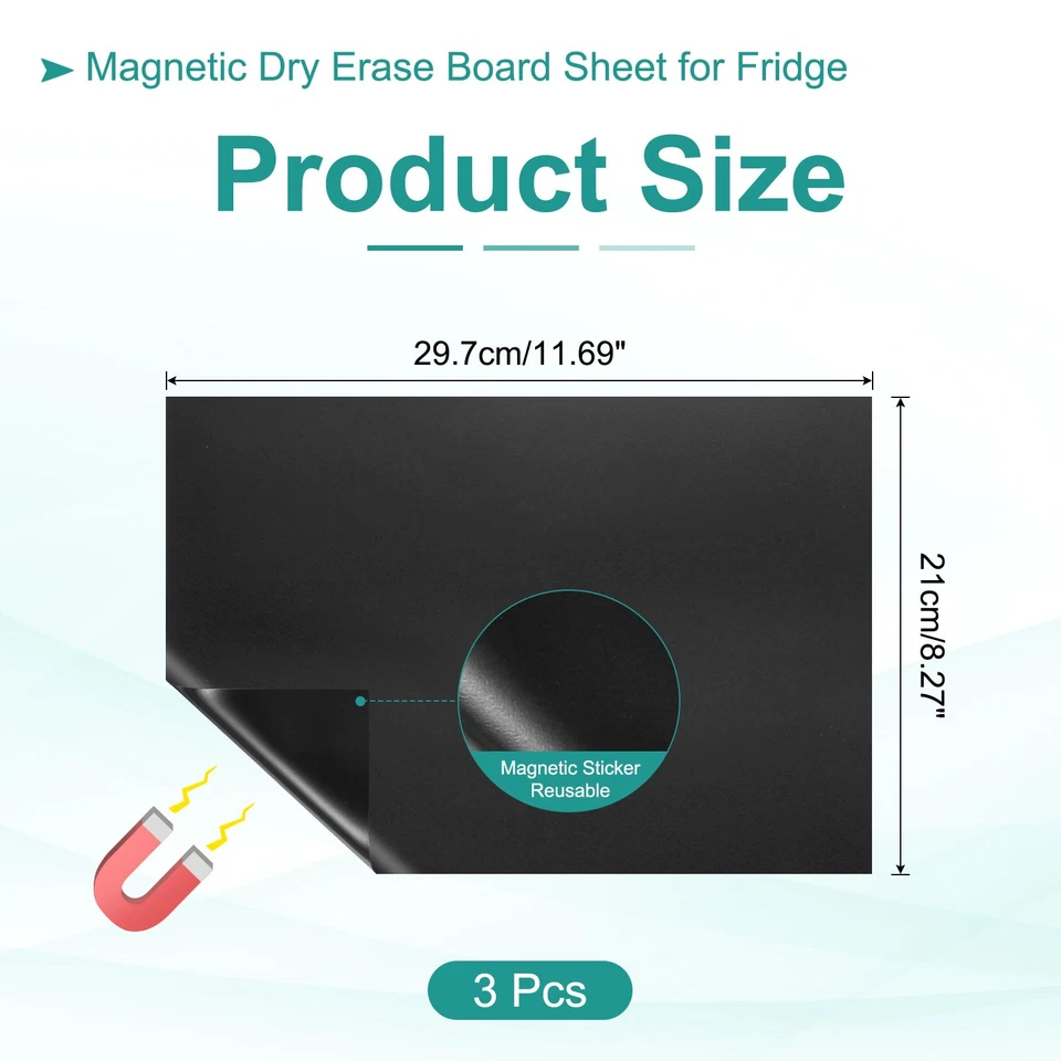 3 Pcs 12 x 8 Inch Magnetic Dry Erase Board Sheet for Fridge Black (1mm) Foto 2 de 4