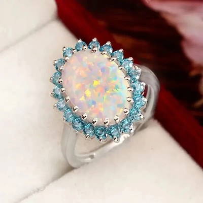 Elegant 925 Sterling Silver Fire Rainbow Opal Blue Topaz Engagement Ring Size 7