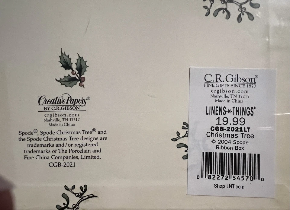 Caja de cinta de vacaciones C. R. Gibson, diseño de árbol de Navidad Spode, 2004 nueva en caja sellada Foto 4 de 4