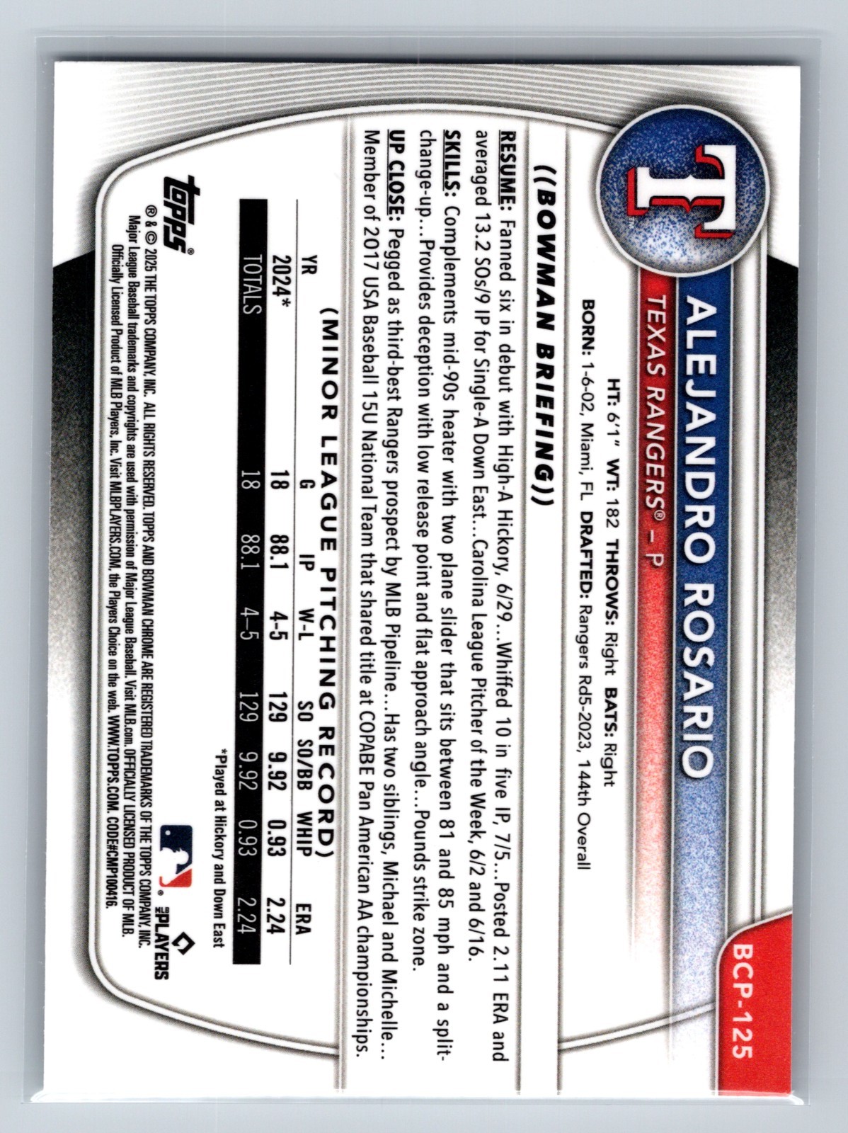 Alejandro Rosario 2025 Bowman Chrome 1st Lava Refractor /399 #BCP-125 Rangers view 2