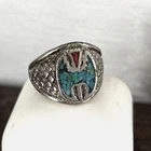 VTG Mens Ring Navajo Silver Tone Turquoise/Coral Chip Inlay Thunderbird Sz 11