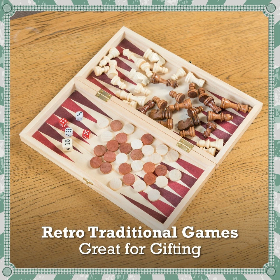 Toyrific 3 in 1 Wooden Board Game Set , Chess Draughts Backgammon Family Games - Image 4 of 4