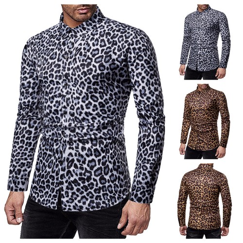 Mens Long Sleeve Button Down Dress Shirt Vintage Leopard Print Causal Shirts - Picture 5 of 53