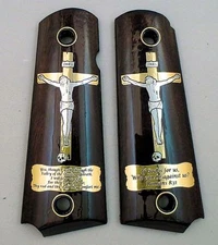 1911 custom engraved walnut wood grips gold silver Christian Cross Jesus