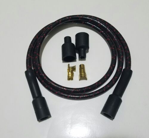28" STRAIGHT VINTAGE BRAIDED CLOTH BLACK RED SPARK PLUG WIRE 7MM KIT COPPER CORE - 第 1/2 張圖片