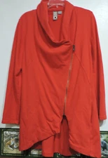 Solo Moda Brand Red Crossover Front zip pockets cotton knit log slv  tunic SZ M