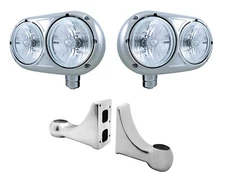 Pair Dual Headlights Stainless Steel w/ Bracket Kit - Peterbilt 359 Style Set