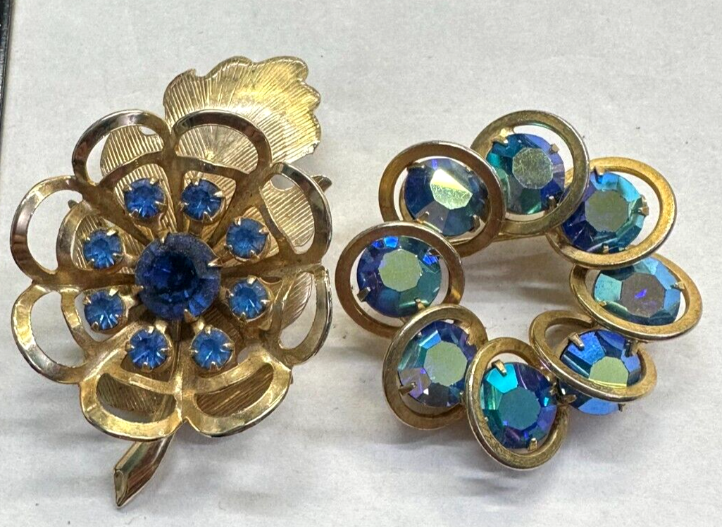 Flowers Lot of 2 Blue Aurora Rhinestone Vintage Pin Brooch Gold J