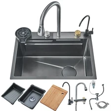 24 Inch Waterfall Stainless Steel Kitchen Sink W/ Glass Rinser Pull-Out Faucet