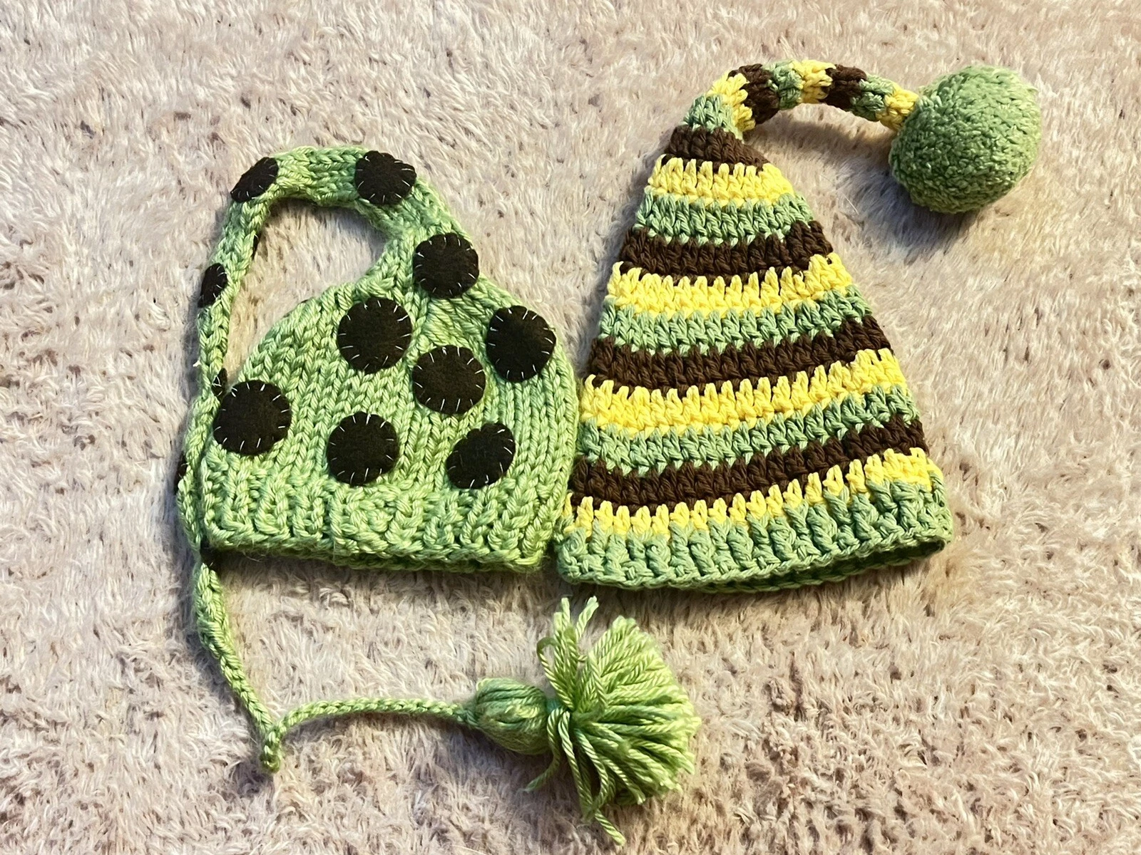 Handmade Green Crochet Baby Beanies Newborn Lot Of Two OOAK