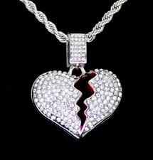 Broken Heart CZ Pendant Silver Plated 24" Rope HipHop Men Women Necklace