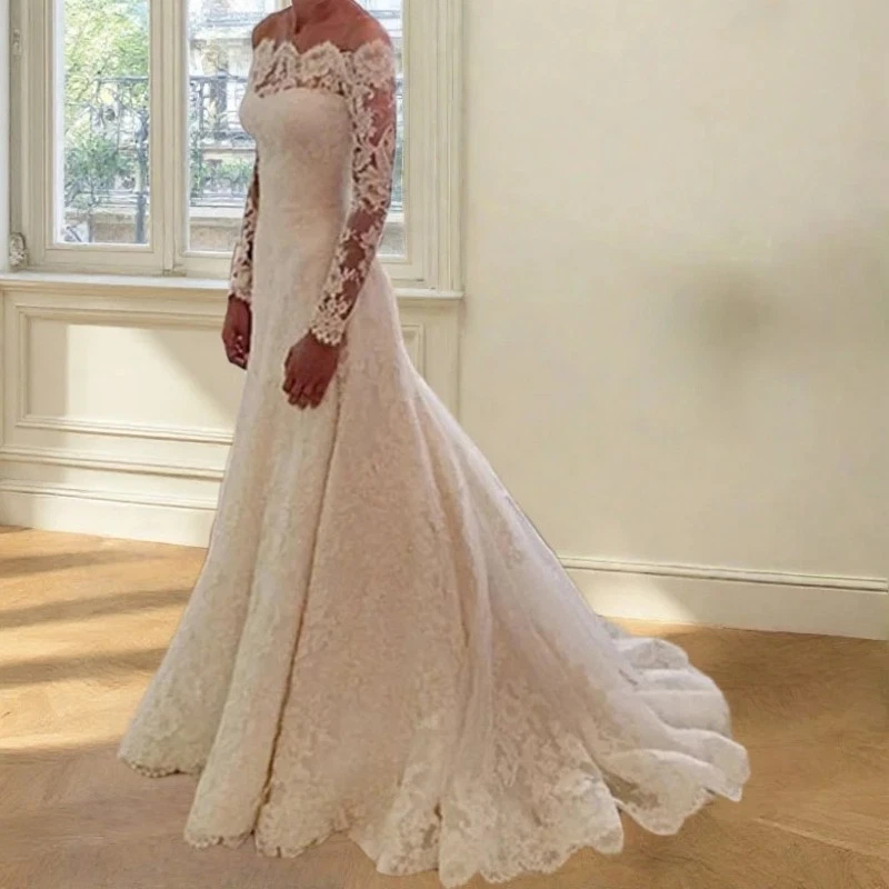 White Exquisite Lace Wedding Dress Long Sleeves Mermaid Bridal Gowns Bride Dress - Image 3 of 4