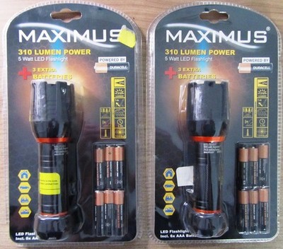 Restposten 2x Maximus LED Taschenlampe 310 Lumen Power 5 Watt incl. 6 Batterien