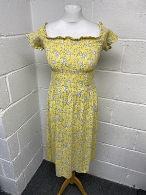Next gelb Blumen gerafft Flatterärmel quadratischer Ausschnitt Kleid UK12 Tall PD