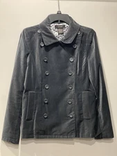 Eivissa Velvet Pea Coat Jacket Gray Double Breasted Polka Dot Lining Sz S