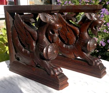 Antique pair of Griffin Carved Oak Corbel Brackets 19thC Architectural Salvage