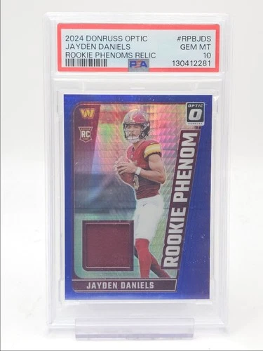 JAYDEN DANIELS 2024 DONRUSS OPTIC ROOKIE PHENOM PATCH BLUE RC PSA 10 Q5346