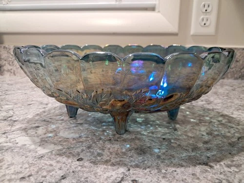 Vintage Indiana Iridescent Blue Carnival Glass Harvest Fruit Oval Footed Bowl