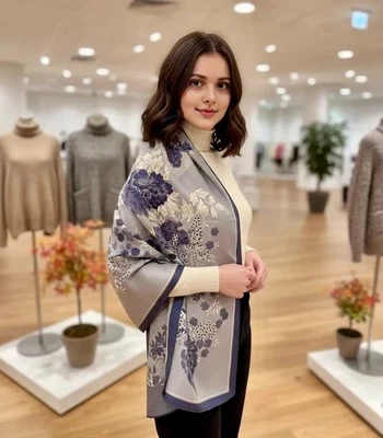 LA FERANI Schal Kaschmir extra geschmeidig soft Designer Korean 185x65 blau weiß Damen