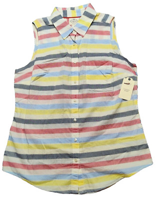 St Johns Bay Women Medium Happy Stripe Button Up Collared Sleeveless Top NEW