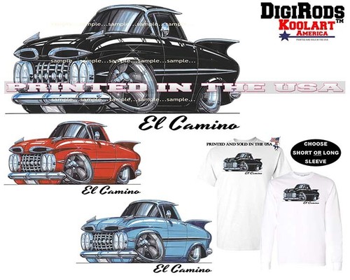 Maglietta Chevrolet Chevy Vintage El Camino 1959 DigiRods Koolart Cartoon Car Art  - Foto 1 di 7