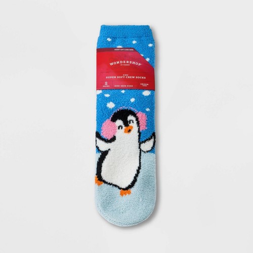 Kids' XS/S 2pk Penguin & Snowflakes Cozy Crew Socks Wondershop Blue Xmas Holiday - Picture 2 of 4
