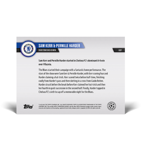 2022 Topps NOW UWCL UEFA Sam Kerr & Pernille Harder #7 ~ Chelsea FC - Picture 2 of 2