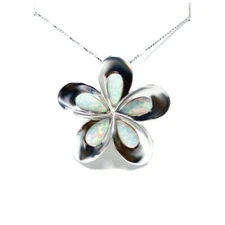 30MM RHODIUM 925 SILVER HAWAIIAN PLUMERIA FLOWER WHITE OPAL PETALS SLIDE PENDANT