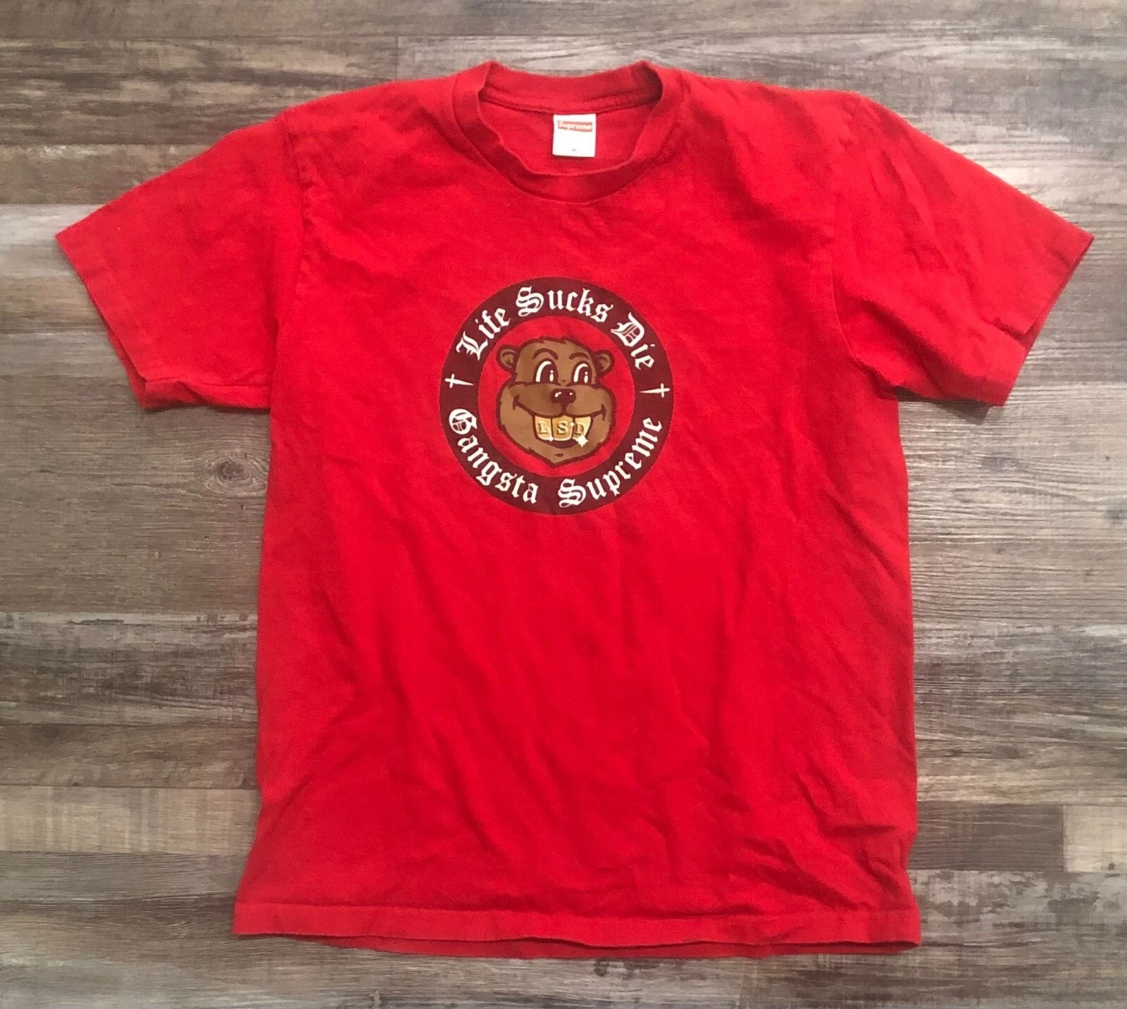 T shirt Supreme Life Sucks Die LSD Gangsta beige manches courtes rouge moyen