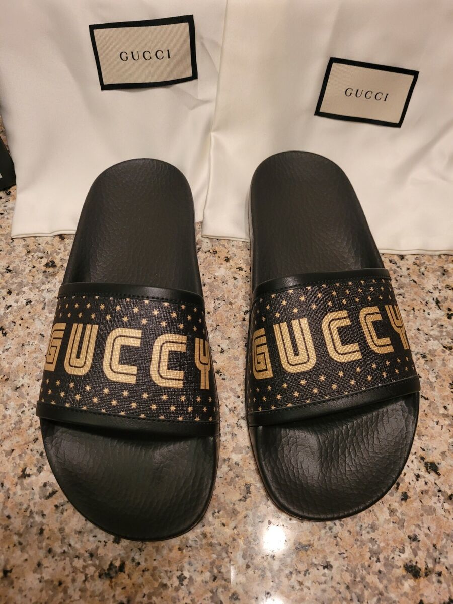 GUCCI GOLD LOGO SEGA STARS Supreme Pool Slides Woman Sandals GUCCI GOLD LOGO SEGA STARS Supreme Pool Slides Woman Sandals