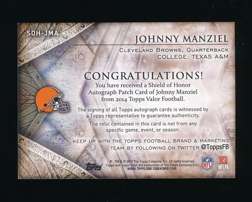 JOHNNY MANZIEL 2014 TOPPS VALOR SHIELD OF HONOR PATCH COURAGE RC AUTO #/50 - Picture 2 of 2