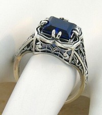 ART DECO STYLE 925 STERLING SILVER FILIGREE LAB-CREATED 2 CT SAPPHIRE RING 745Z