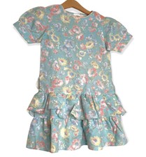 Winnie the Pooh Vintage Blue Floral Girls Dress Pink Piping Neckline Size 6