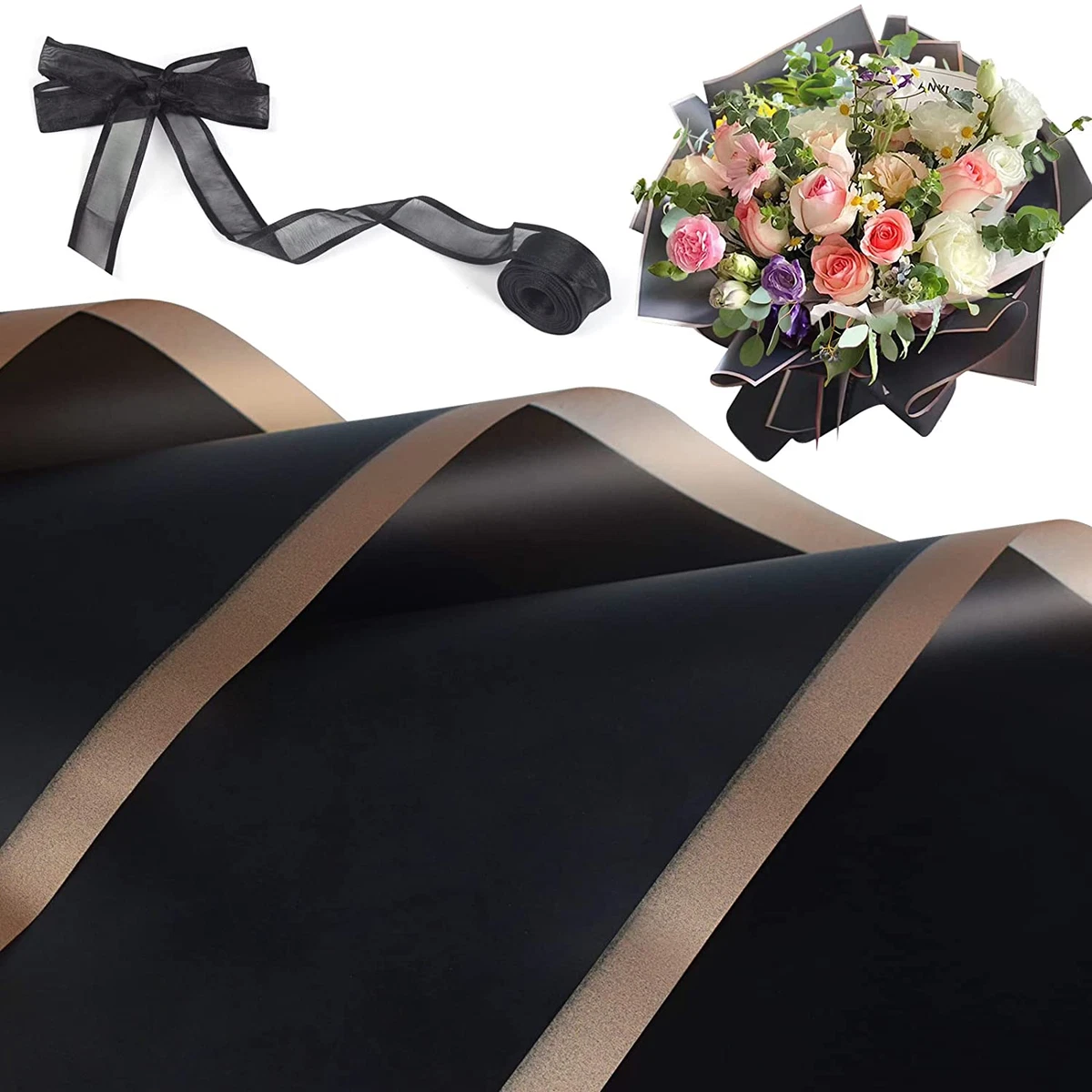 20 Sheets Flower Wrapping Paper Waterproof Florist Bouquet, Black 22.8x22.8  Inch