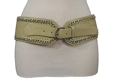 Women Wide Beige Tan Faux Leather Chic Belt Silver Chains  display picture 2