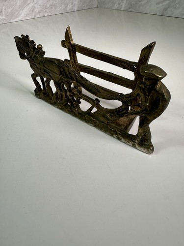 Porta lettere vintage cavallo e aratro figura ottone massiccio lungo 19 cm documenti - Foto 5 di 8