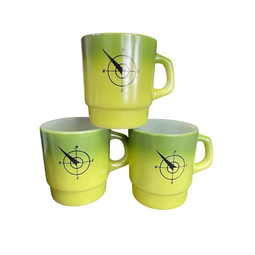 Set of 3 Mid-Century Fire King NorthWest Airlines Green Compass Mug EUC