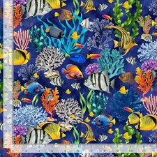 Cotton Coral Reef Life Ocean Underwater Fish Blue Fabric Print by Yard D488.72