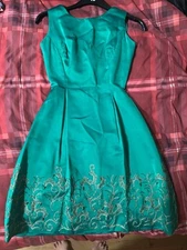 Vintage 1960/70's DONERICA MAYFAIR Green Satin Cocktail Dress Beading XS