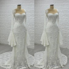 Mermaid Wedding Dresses Long Belle Sleeve Lace Applique Sweep Train Bridal Gowns