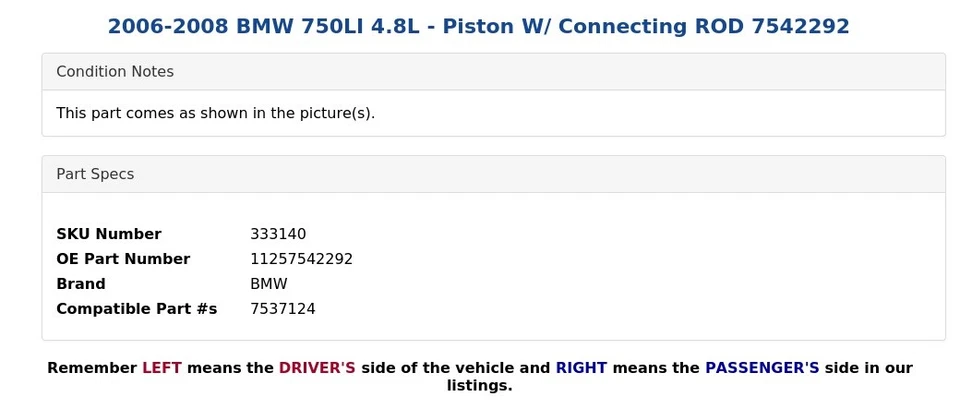 2006-2008 BMW 750LI 4,8 л - поршень с соединительным стержнем 7542292 - Изображение 3 из 4