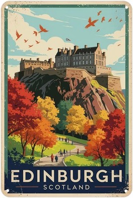 Edinburgh Castle Scotland Autumn Vintage Travel Tin Metal Signs Home Décor, Vint