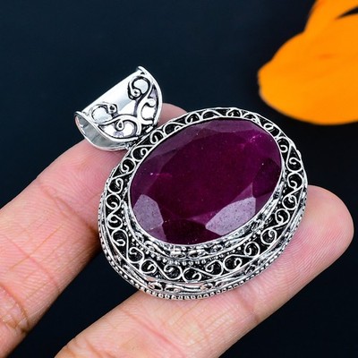 Kaschmir roter Rubin Edelstein Handarbeit 925 Sterlingsilber Schmuck Anhänger 1,74''