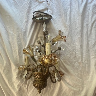 Vintage-Style Hollywood Regency 3-Light Chandelier-Crystal Flowers & Amber Glass